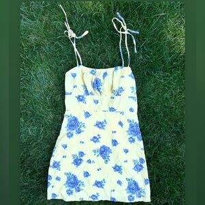 Yellow Dress Mini Dress with Blue Floral Print & Self Tie Shoulder Straps